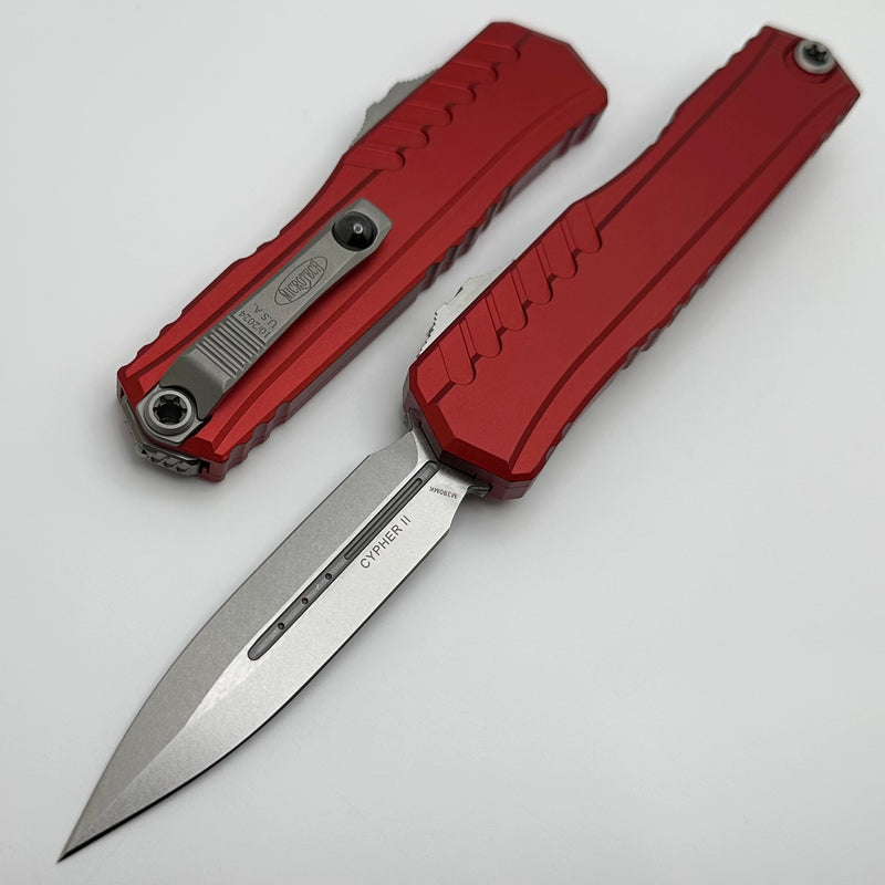 Microtech Cypher II D/E Stonewash w/ Red Handle 1242-10RD