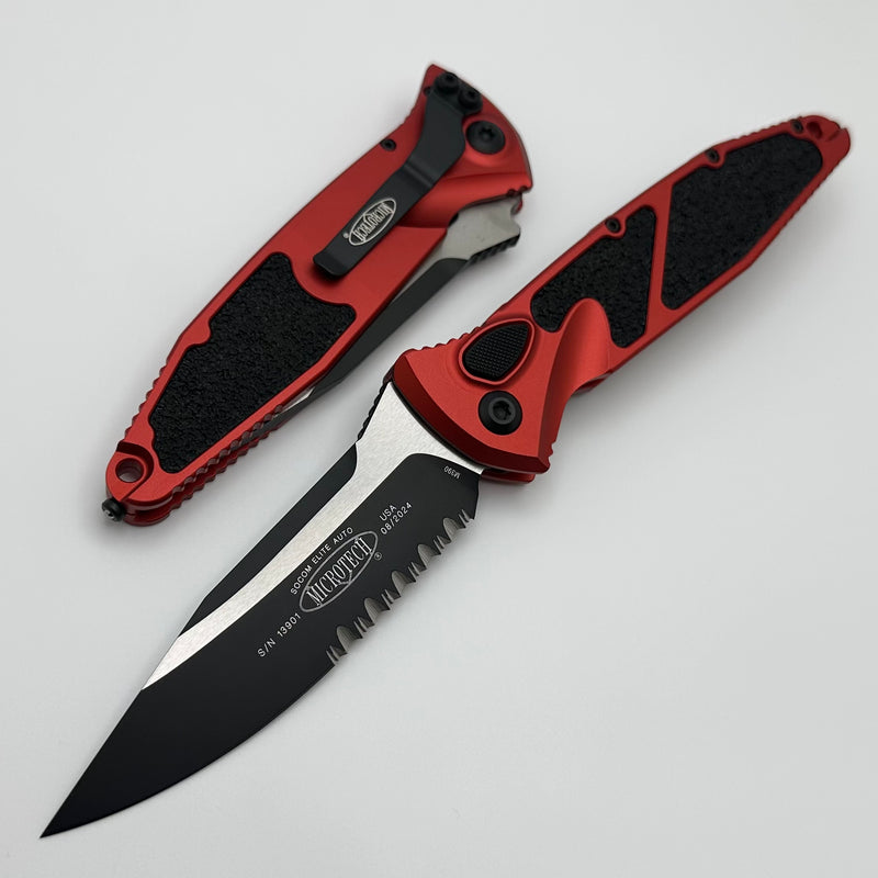 Microtech Socom Elite Auto Red Handles w/ S/E Black Partial Serrated 160A-2RD