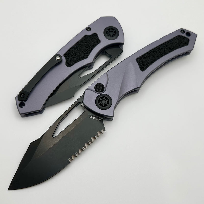 Heretic Knives Pariah M/A Button Lock Gray Aluminum Handles w/ DLC Serrated MagnaCut H046-6B-GRY