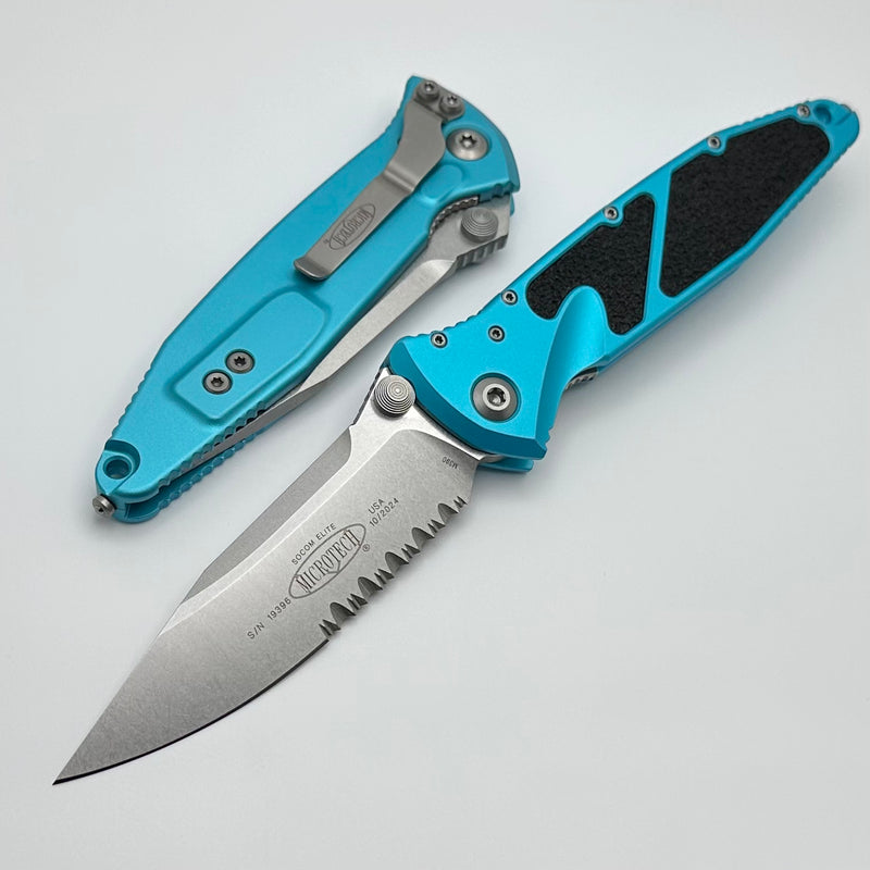 Microtech Socom Elite Manual S/E Partial Serrated Stonewash w/ Turquoise Handle 160-11TQ