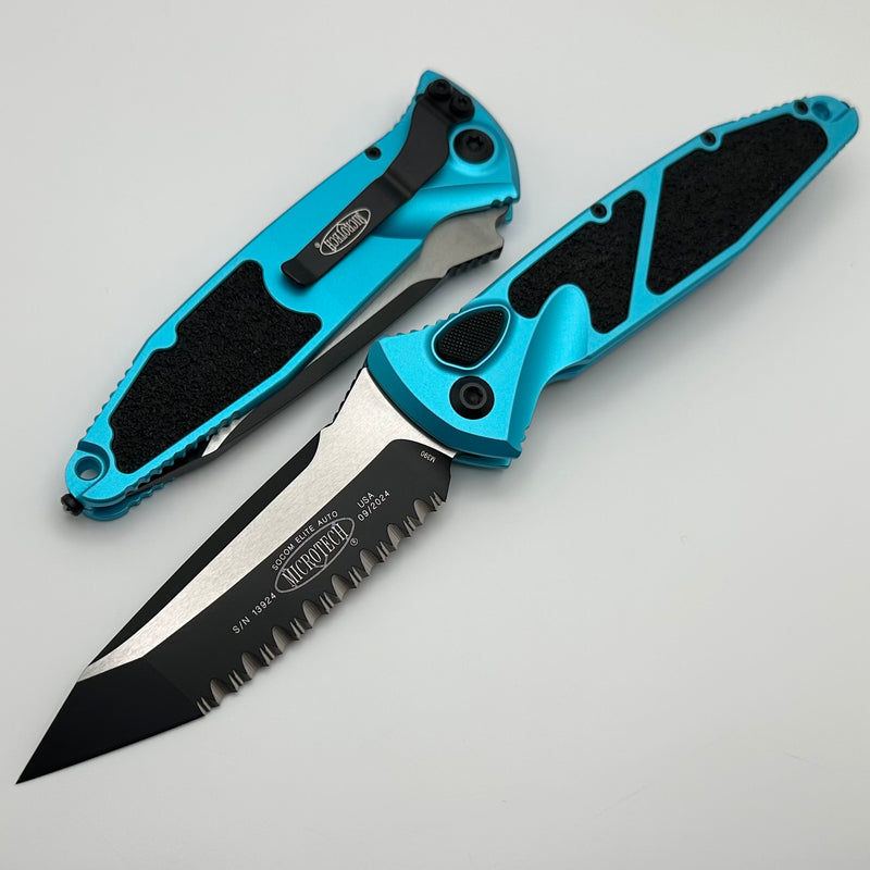 Microtech Socom Elite Auto T/E Black Full Serrated w/ Turquoise Handles 161A-3TQ