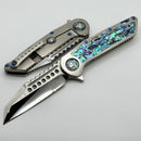 Marfione Custom Knives Warhound Mirror Polish & Abalone Inlaid Satin Titanium Handles w/ Blue Titanium Hardware
