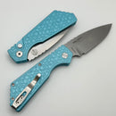 Discontinued Pro-Tech PT Plus Tiffany Blue Gridlock Aluminum Handle w/ Satin Hardware & Pearl Button w/ Stonewash MagnaCut Blade PT205-Gridlock LTD T.Blue