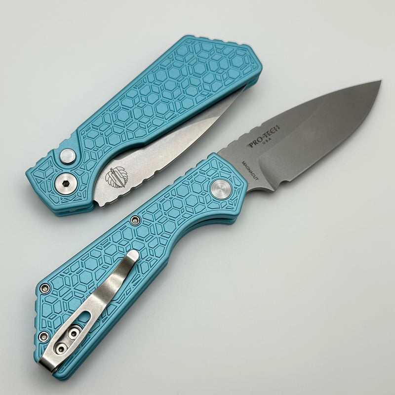 Pro-Tech PT Plus Tiffany Blue Gridlock Aluminum Handle w/ Satin Hardware & Pearl Button w/ Stonewash MagnaCut Blade PT205-Gridlock LTD T.Blue