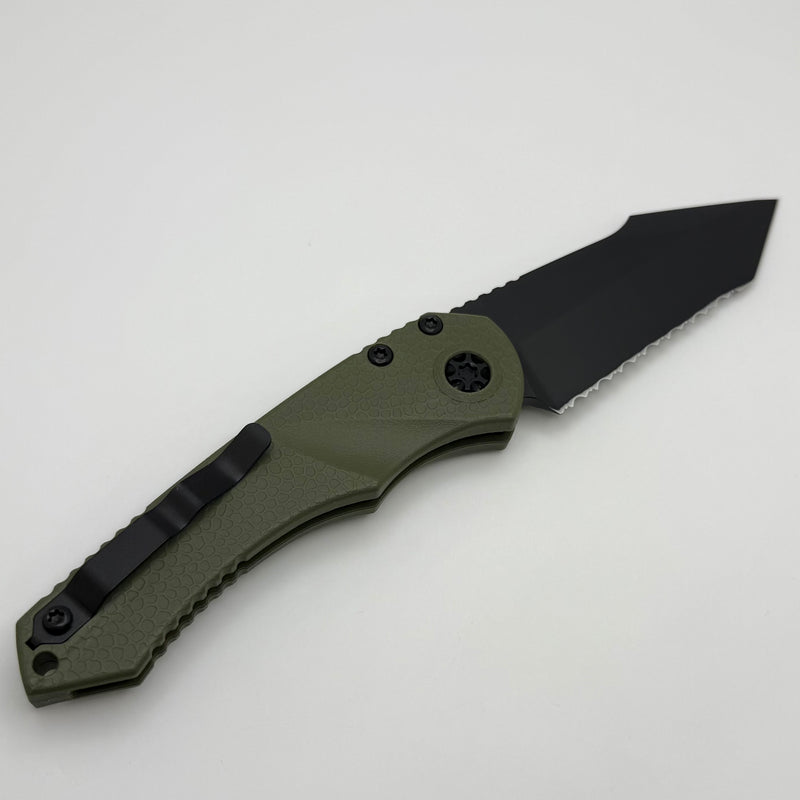 Heretic Knives Mini Pariah Auto Button Lock OD Green Polymer Handles w/ Black T/E Full Serrated MagnaCut H055-4C-GRN