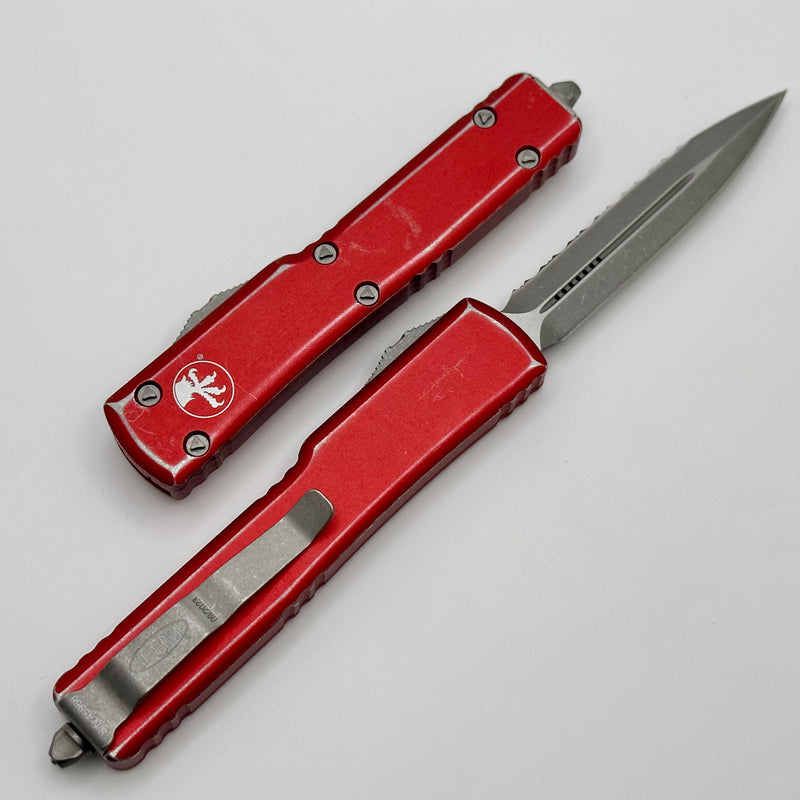 Microtech UTX-70 Appcalyptic D/E Full Serrated & Distressed Red 147-12DRD