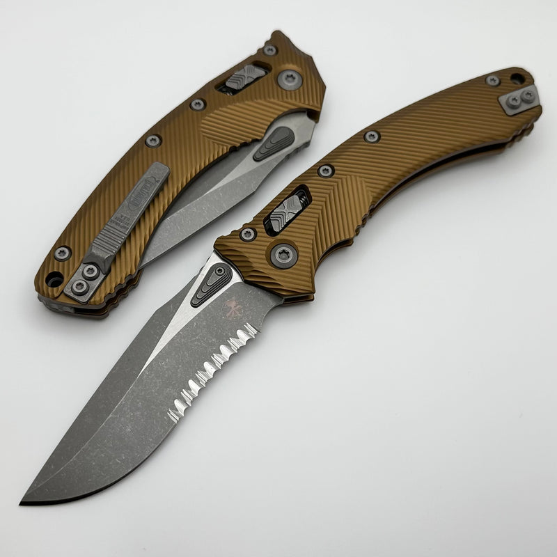 Microtech Amphibian RAM LOK Tan Fluted Aluminum & Partial Serrated Apocalyptic M390MK 137RL-11APFLTA