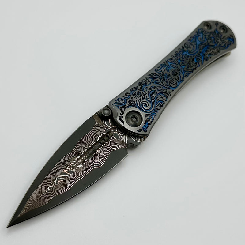 Borka Blades & Marfione Custom Knives SB Zulu w/ Ti2 Design Engraved Blue Floral Handles w/ Baker Forge San Mai