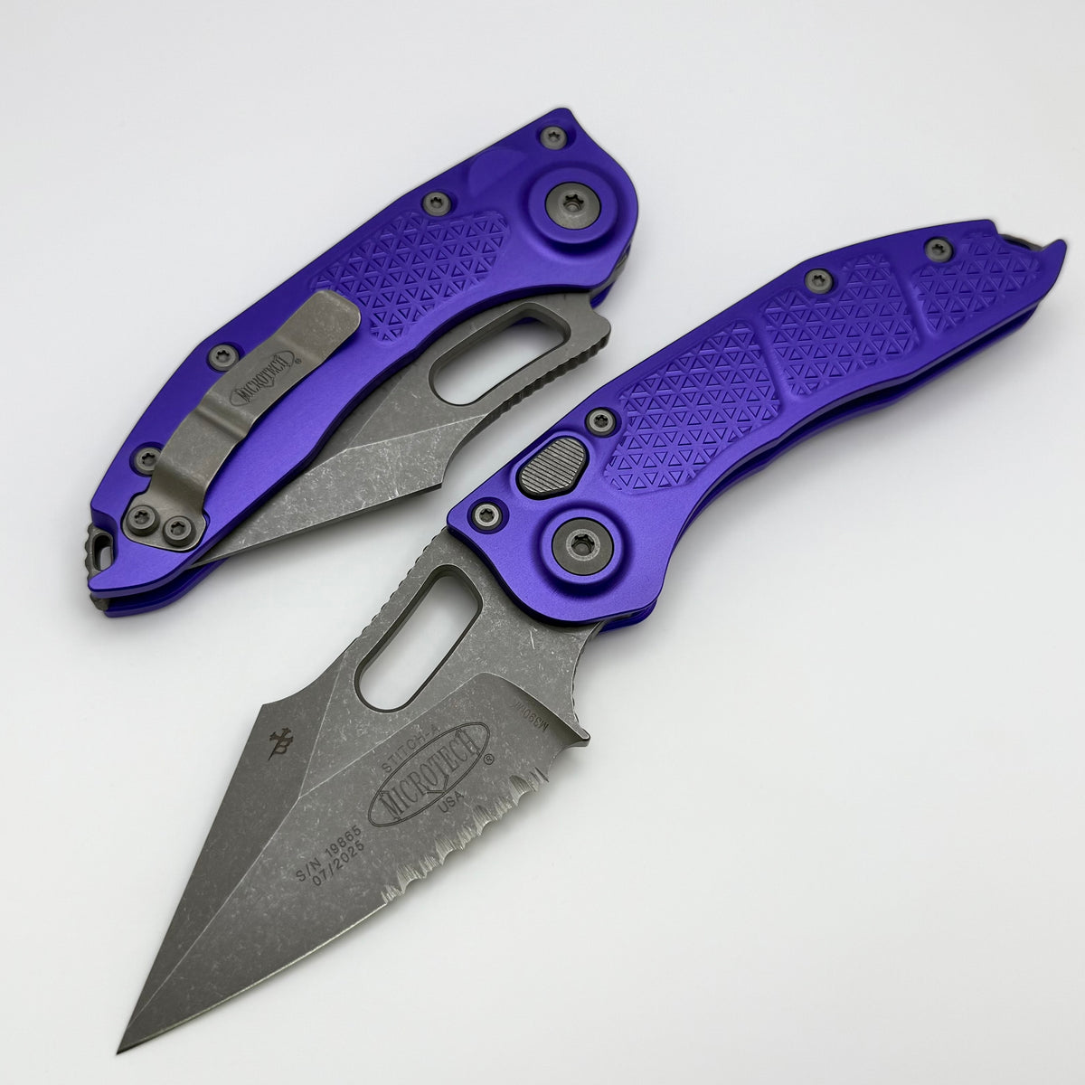 Microtech Borka Stitch Apocalyptic Partial Serrated & Purple Handles 1
