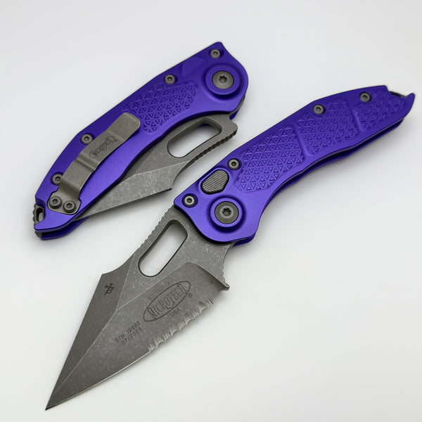 Microtech Borka Stitch Apocalyptic Partial Serrated & Purple Handles 1