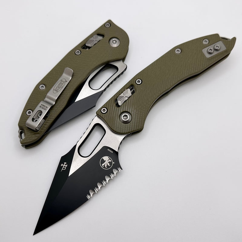 Microtech Knives Manual Stitch RAM LOK Fluted OD Green G-10 & Partial Serrated Two Tone Black M390MK 169RL-2FLGTOD