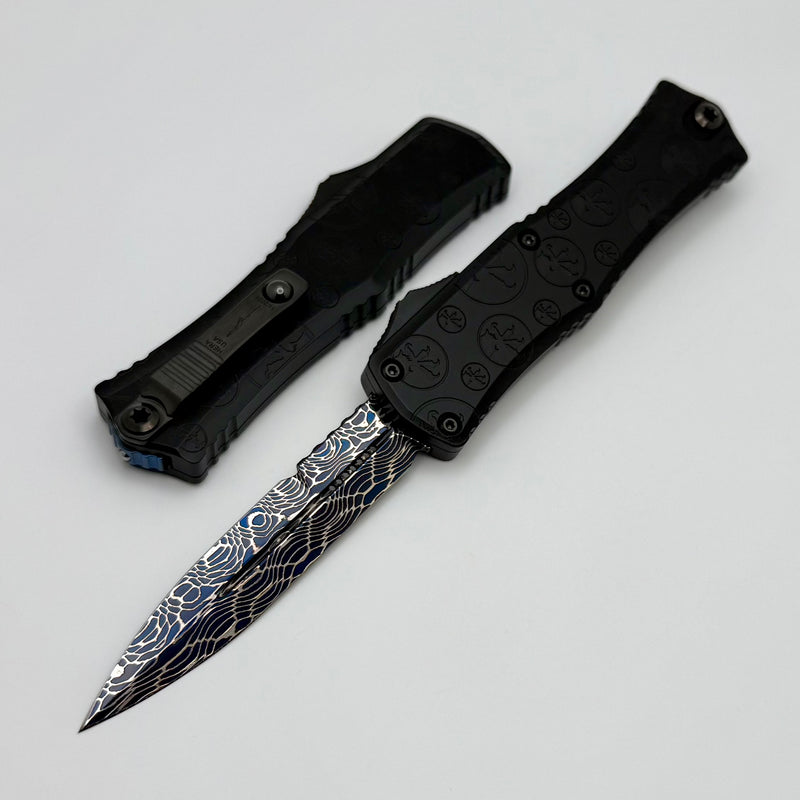 Microtech Knives Marfione Select Hera II Mini Blued Vegas Forge Damascus Bayonet w/ Black Claw Burst Deep Engraved Handle Signature Series 1701M-16MS2 Pattern Style 1