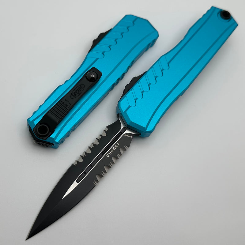 Microtech Cypher II D/E Black Partial Serrated w/ Turquoise Handle 1242-2TQ