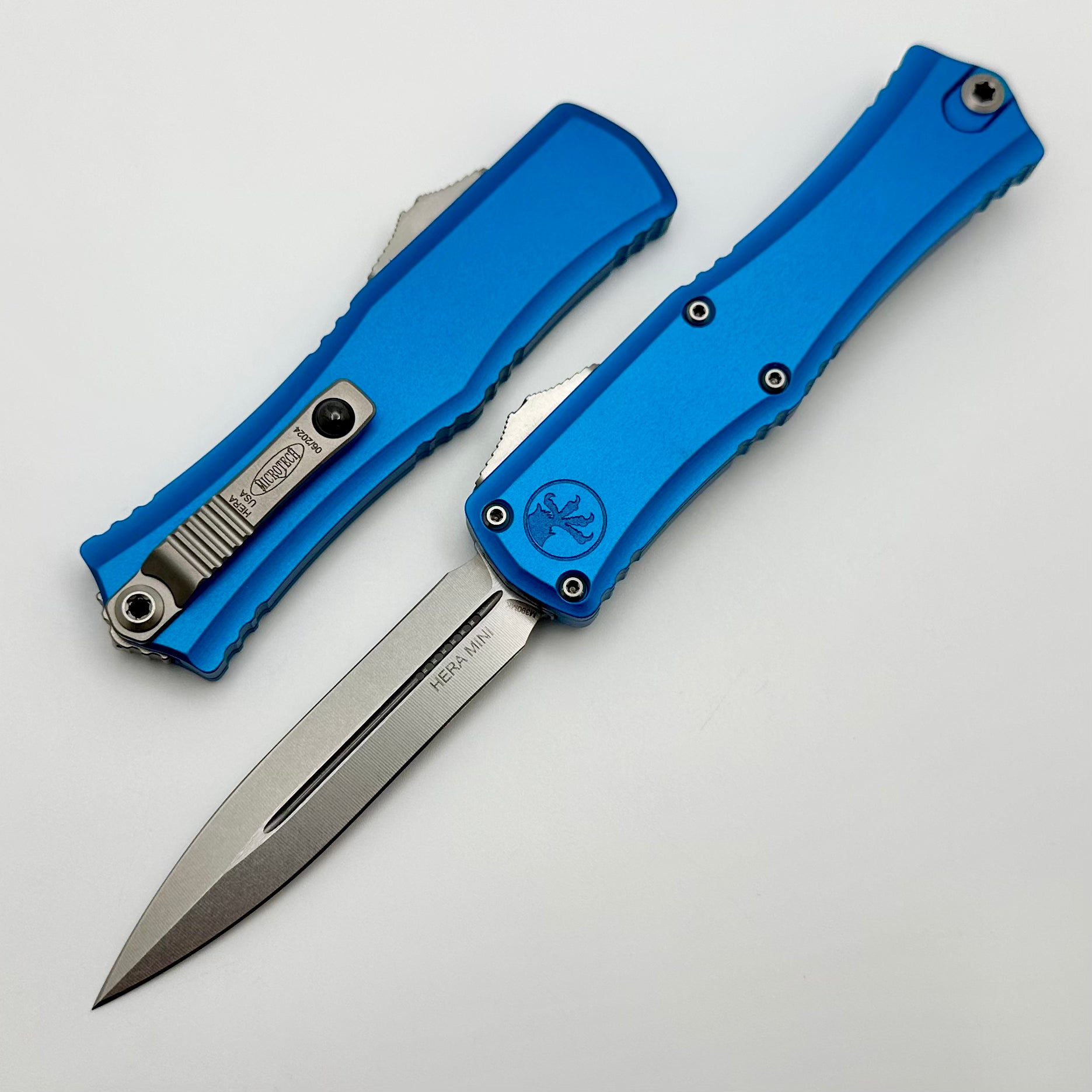 Microtech Knives Mini Hera Stonewash Double Edge M390MK w/ Blue Handle