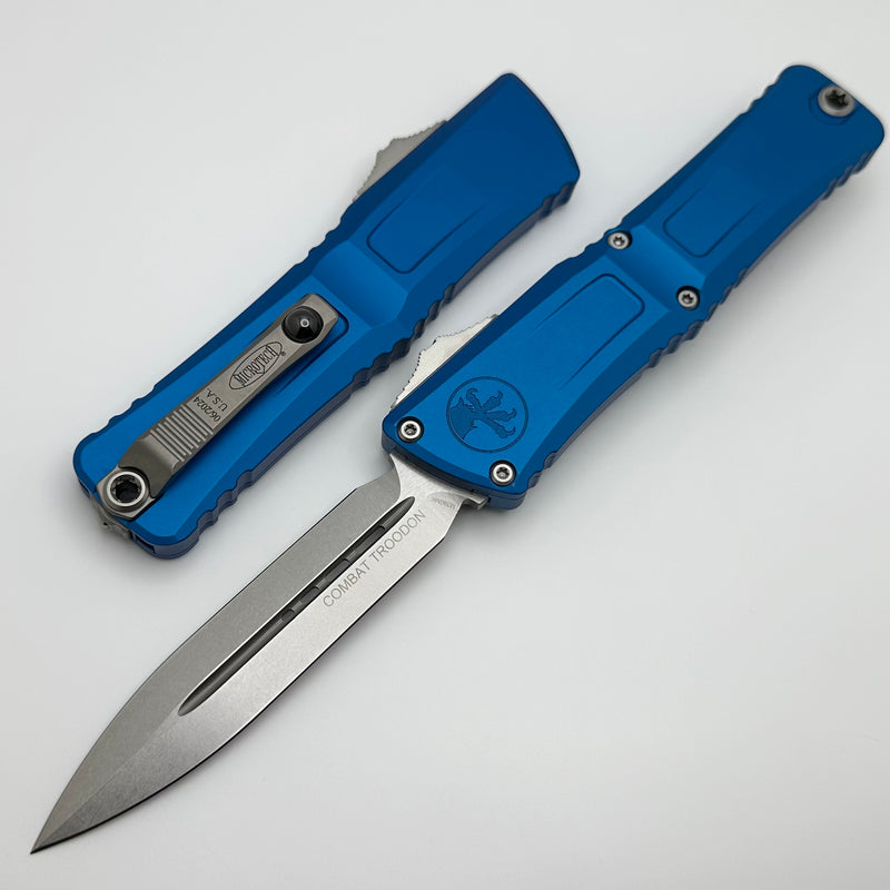 Microtech Knives Combat Troodon Gen III Stonewash Double Edge w/ Blue Handle 1142-10BL