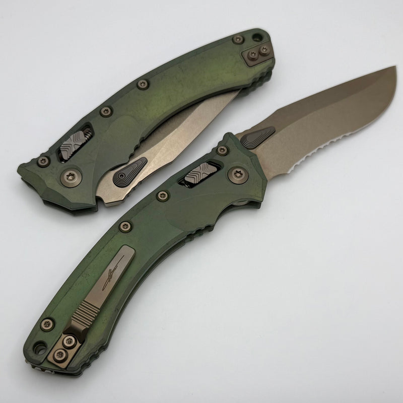 Microtech Marfione Select Amphibian RAM LOK Antique Green Slab Side Titanium Handles & Bronze Serrated M390MK & Bronzed Accents 137RL-14MS1
