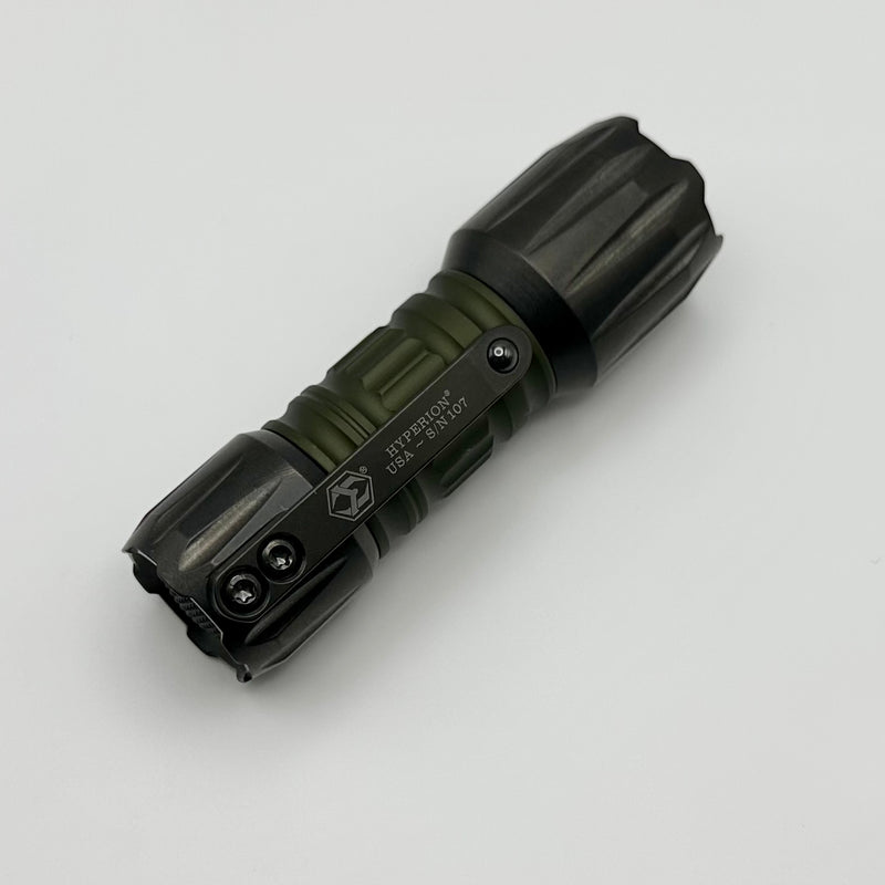 Heretic Knives Hyperion Flashlight DLC Titanium Ends/Pocket Clip w/ OD Green Aluminum Barrel H090-GRN-DLC