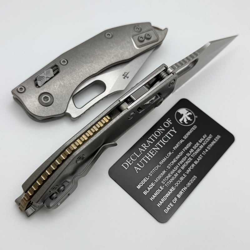 Microtech Marfione Select Manual Stitch RAM LOK Titanium Handles & Part Serrated Stonewash M390MK w/ Double Vapor Blast & Bronze Accents 169RL-11MS1