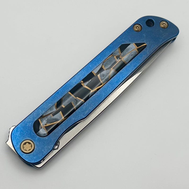 Medford T-Bone Blue Tumbled Titanium Framelock Flipper w/ Mosaic Inlaid Handles & Bronze Hardware w/ Tumbled S45VN Drop Point