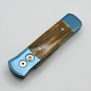 Pro-Tech Godson Blue Orange Peel Titanium Handle & Mastodon Bark Inlays w/ Mosaic Button & Nichols Damascus Blade 2025 Godson Custom 004