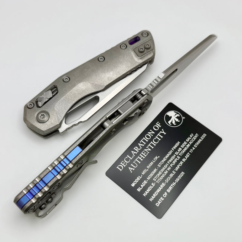 Microtech Marfione Select MSI RAM LOK Titanium Handles w/ Double Vapor Blast & Purple Accents & Stonewash M390MK 210-10MS3