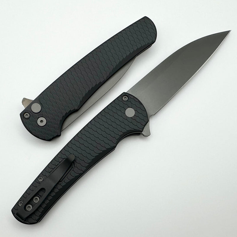 Pro-Tech Malibu Black Aluminum “Dragon Scale” Handle & Smokey Grey DLC MagnaCut Wharncliffe Blade 2023 Custom 017