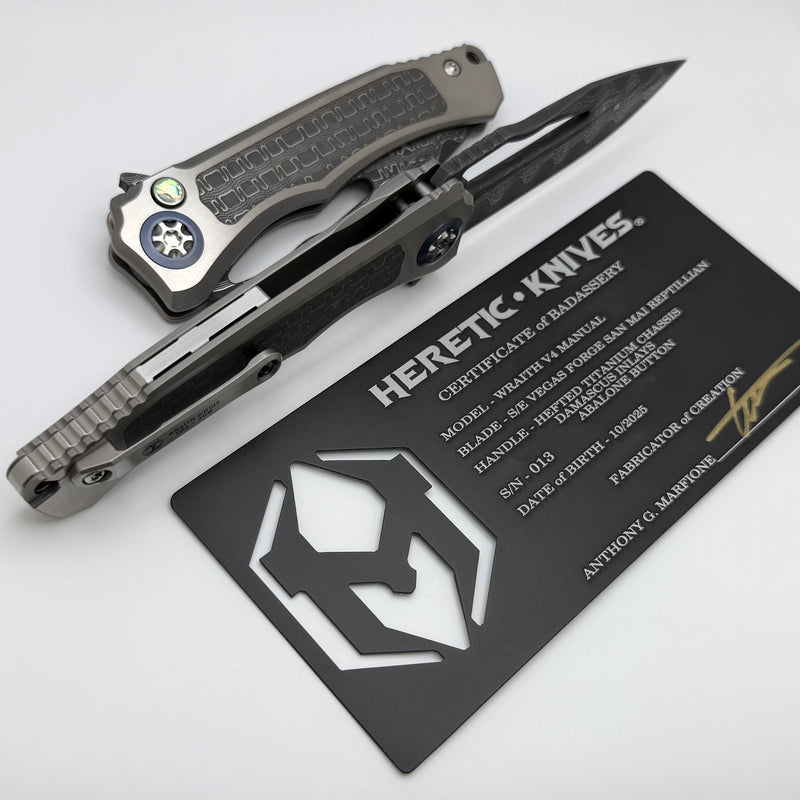 Heretic Knives Custom Wraith V4 Manual Titanium Handles w/ Damascus Inlays & Hand Ground Vegas Forge San Mai