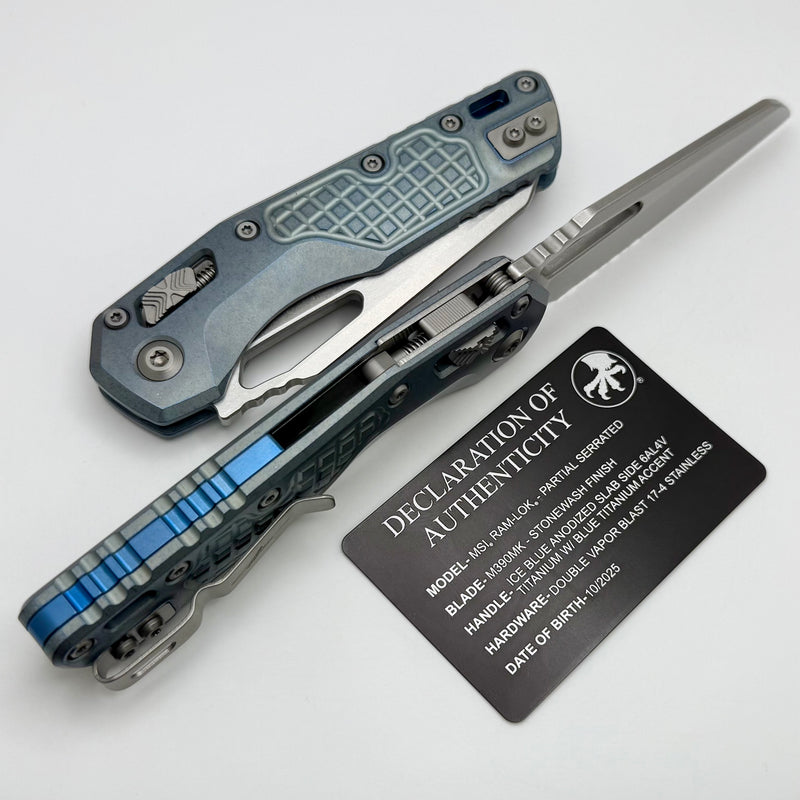 Microtech Marfione Select MSI RAM LOK Ice Blue Titanium Frag Handles w/ Double Vapor Blast & Blue Accents & Part Serrated Stonewash M390MK 210-11FRMS6