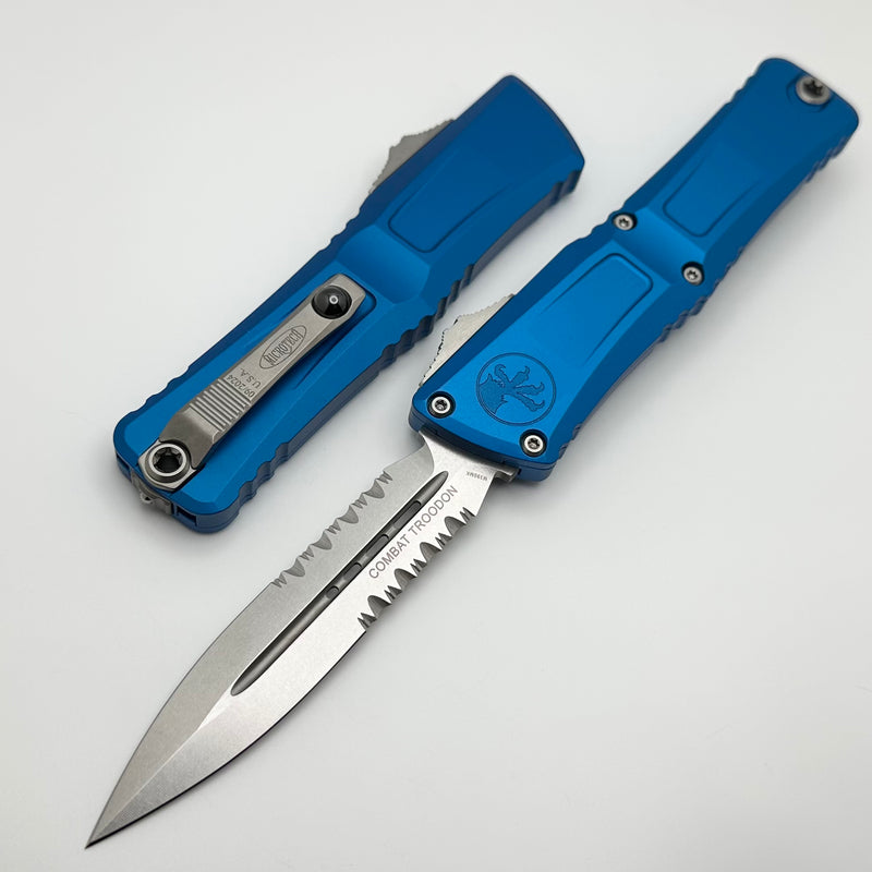 Microtech Knives Combat Troodon Gen III Stonewash D/E Partial Serrated w/ Blue Handle 1142-11BL