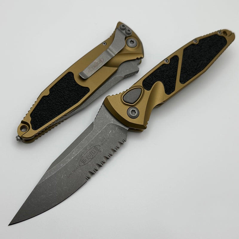 Microtech Socom Elite Auto Tan Handles w/ Apocalyptic S/E Partial Serr Microtech Socom Elite Auto Tan Handles w/ Apocalyptic S/E Partial Serr