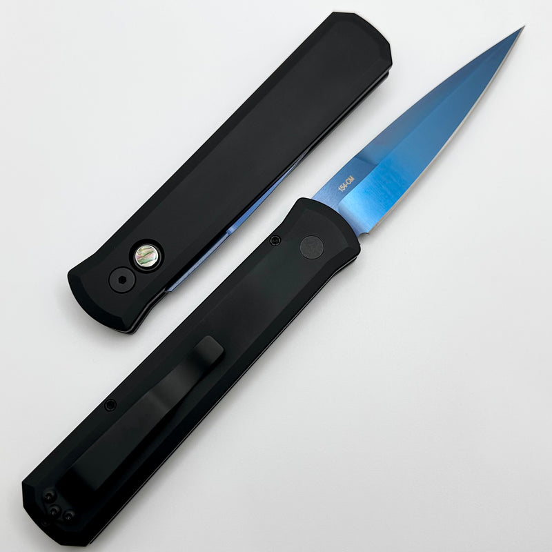 Pro-Tech Godfather Black Handle w/ Abalone Button & Satin Sapphire Blue 154-CM Blade 921 SB