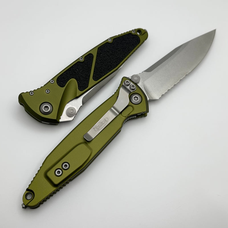 Microtech Socom Elite Manual Single Edge Partial Serrated Stonewash w/ Green Handle 160-11OD