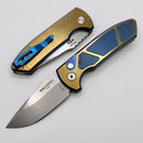 Pro-Tech SBR Short Bladed Rockeye Two Tone Blue/Bronze Knurled Titanium  Handle & Pearl Button w/ Stonewash S35 2023 SBR Custom 006