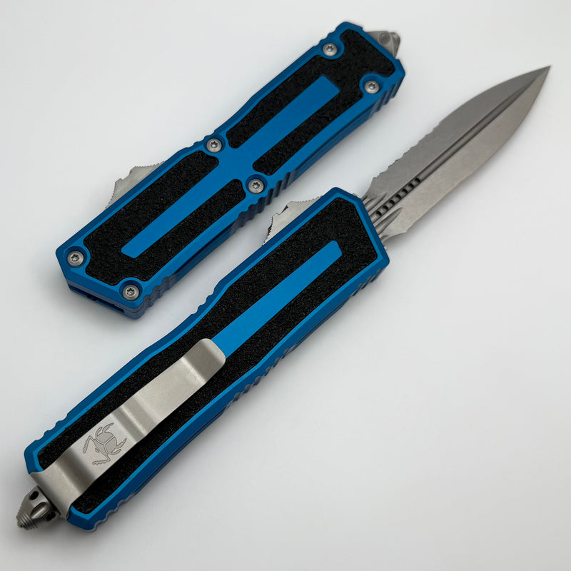 Microtech Scarab 2 Gen 3 D/E Stonewash Partial Serrated w/ Blue Handle 1280-11BL