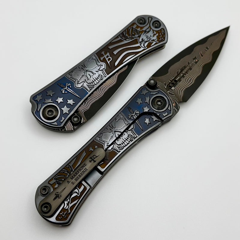 Borka Blades & Marfione Custom Knives SB Zulu w/ Ti2 Design Engraved American Flag Handles w/ Baker Forge San Mai