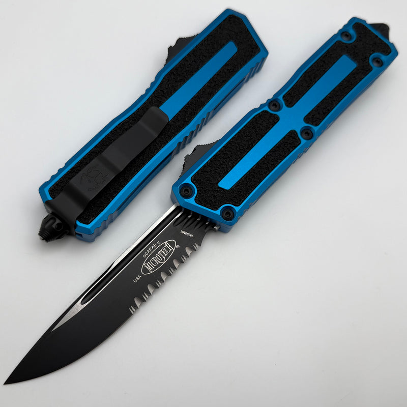 Microtech Scarab 2 Gen 3 S/E Spine Fluted Black Partial Serrated w/ Blue Handle 1278-2BL