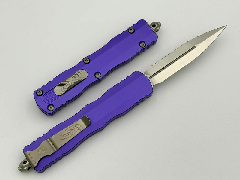 Microtech Dirac Delta D/E Satin Full Serrated w/ Purple Handle 227-6PU