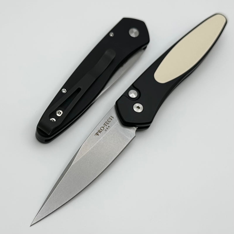 Pro-Tech Newport Black w/ White Micarta Inlay & Stonewash S35VN Blade 3451