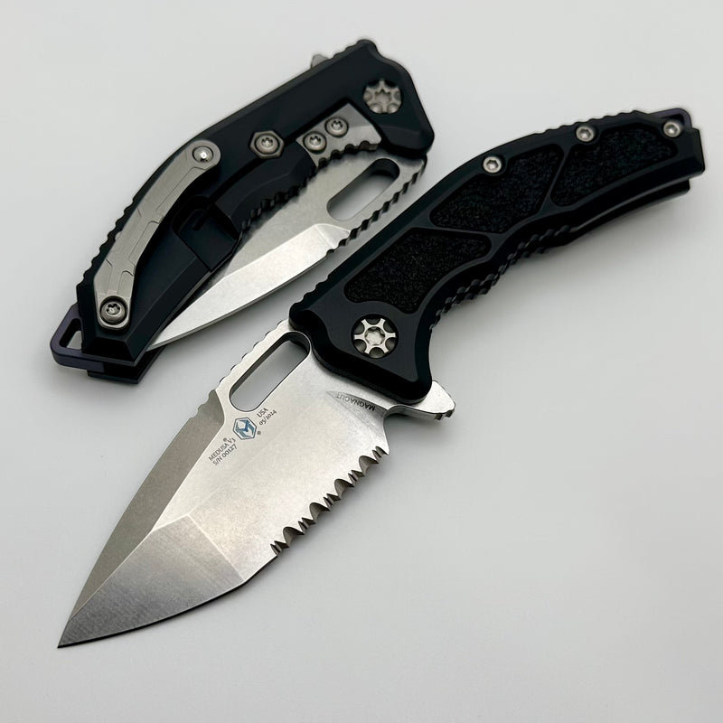 Heretic Knives Medusa Manual Black Aluminum Frame Lock w/ Grip Inlays & Stonewash Partial Serrated MagnaCut H009-2B
