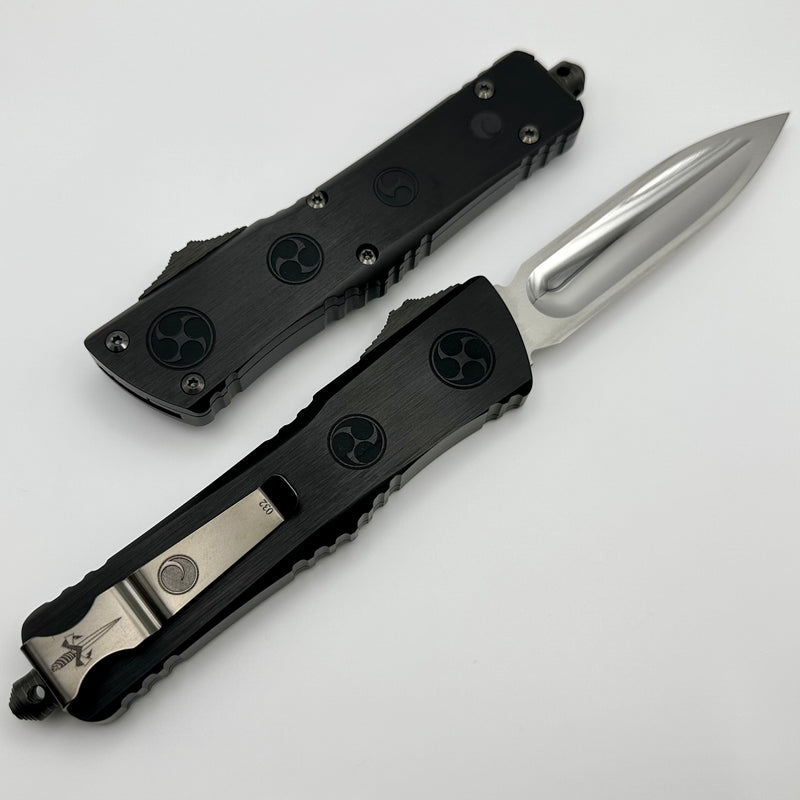 Marfione Custom Knives Combat Troodon O-YARI Mirror Polished Chisel Milled Double Edge w/ Carbon Fiber Button & Hefted Black Handle w/ Deep Engraved War Crests