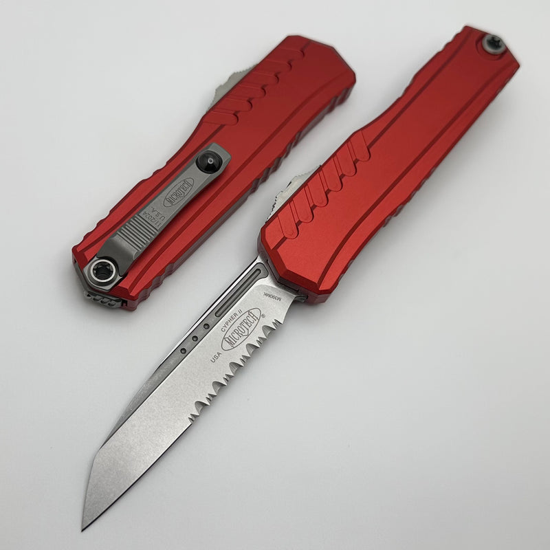 Microtech Cypher II S/E Partial Serrated Stonewash w/ Red Handle 1241-11RD