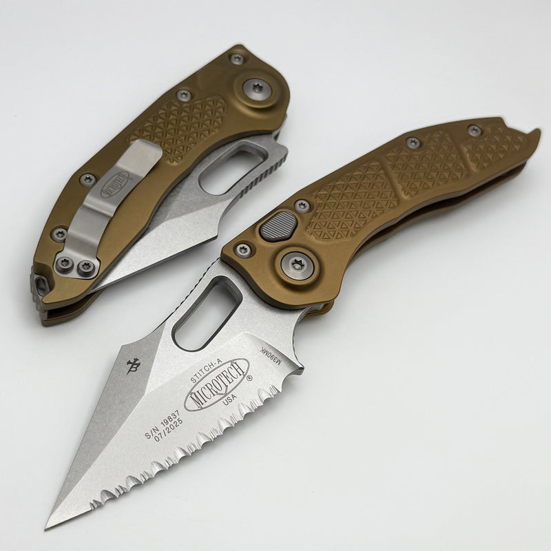 Microtech Borka Stitch Auto w/ Tan Handles & Full Serrated Stonewash 169-12TA