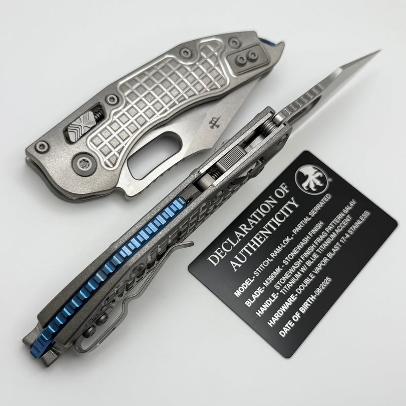 Microtech Marfione Select Manual Stitch RAM LOK Titanium Frag Handles & Part Serrated Stonewash M390MK w/ Double Vapor Blast & Blue Accents 169RL-11FRMS2
