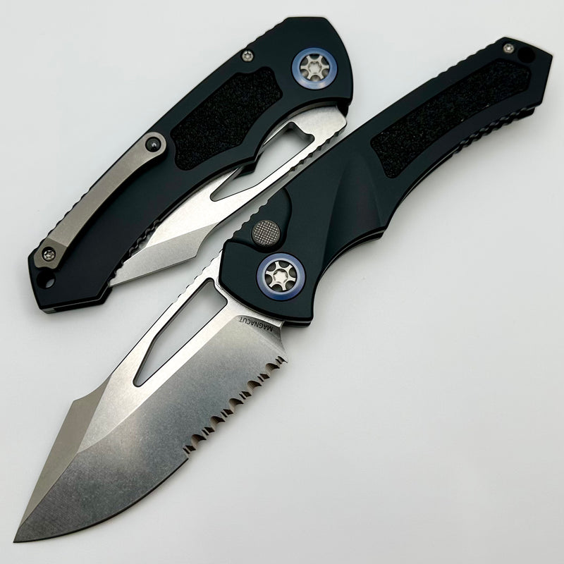 Heretic Knives Pariah M/A Button Lock Black Aluminum Handles w/ Stonewash Serrated MagnaCut H046-2B