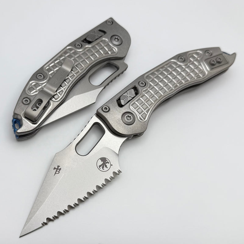 Microtech Marfione Select Manual Stitch RAM LOK Titanium Frag Handles & Full Serrated Stonewash M390MK w/ Double Vapor Blast & Blue Accents 169RL-12FRMS2