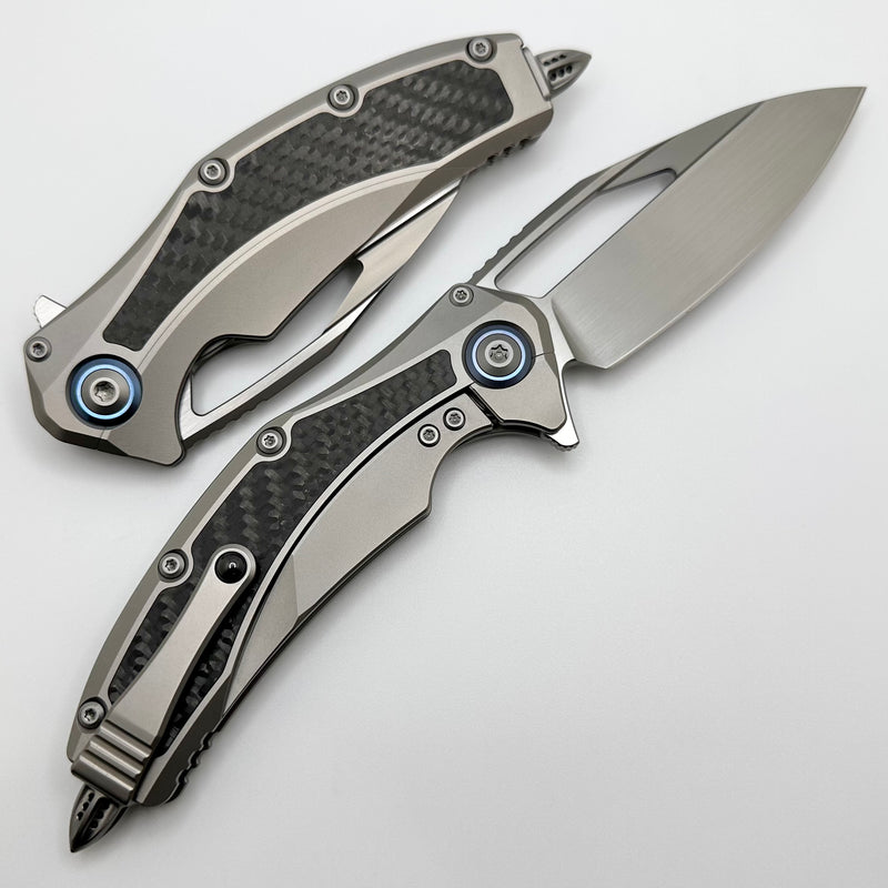 Microtech Matrix Titanium w/ Carbon Fiber Inlays & Blue Ti Pivot Collars w/ Hand Satin M390 165C-4CFITI