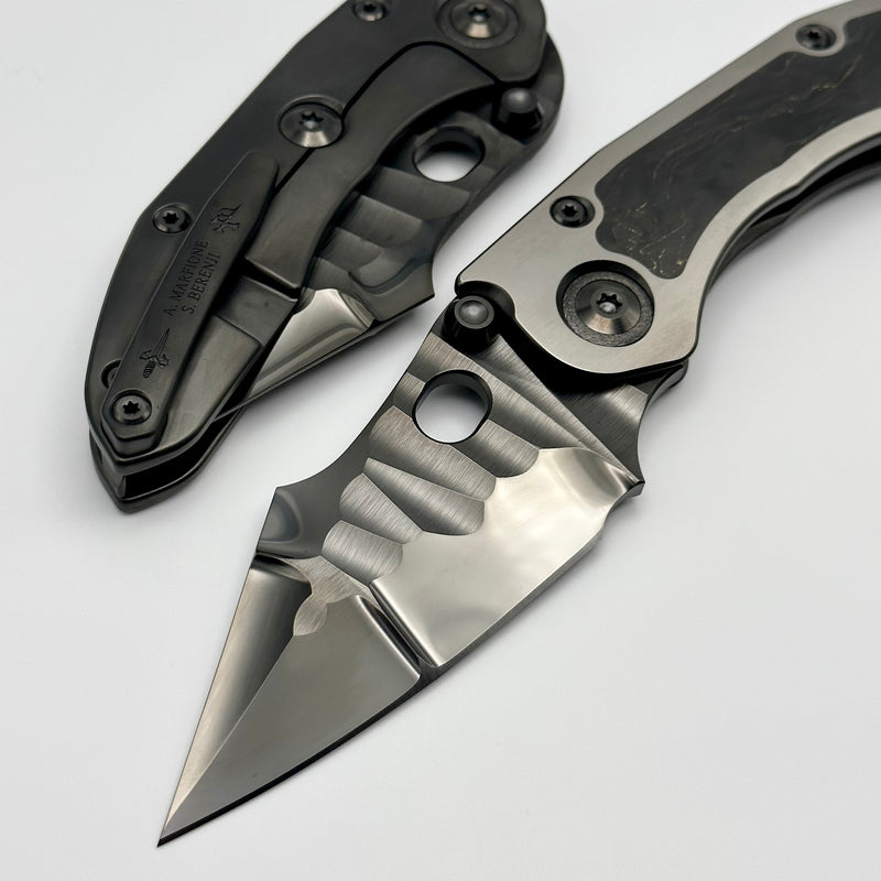 Marfione Custom Knives & Borka Blades Darkstar Stitch w/ Diamond Wash Rocked Double Star Grind M390 & Two Tone Satin/DLC w/ Peso Gold Carbon Fiber Inlaid Titanium