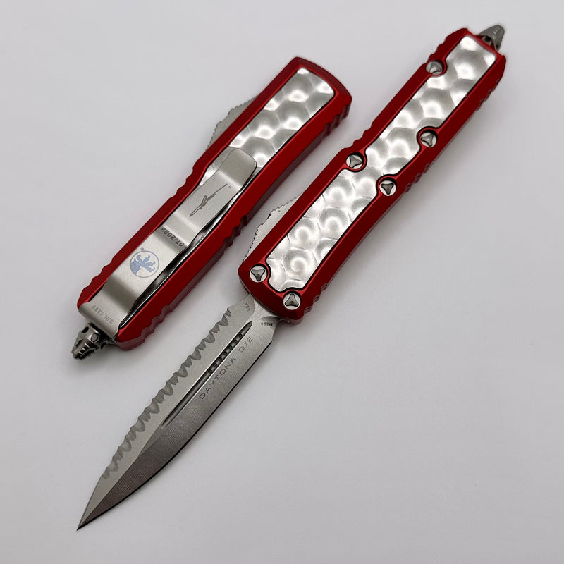 Microtech Red Daytona w/ Brute "Bubble" Inlays & Stonewash Double Edge Full Serrated Signature Series 126-12RDBIS