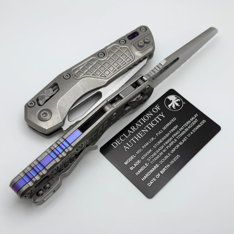 Microtech Marfione Select MSI RAM LOK Frag Titanium Handles w/ Double Vapor Blast & Purple Accents & Full Serrated Stonewash M390MK 210-12FRMS3