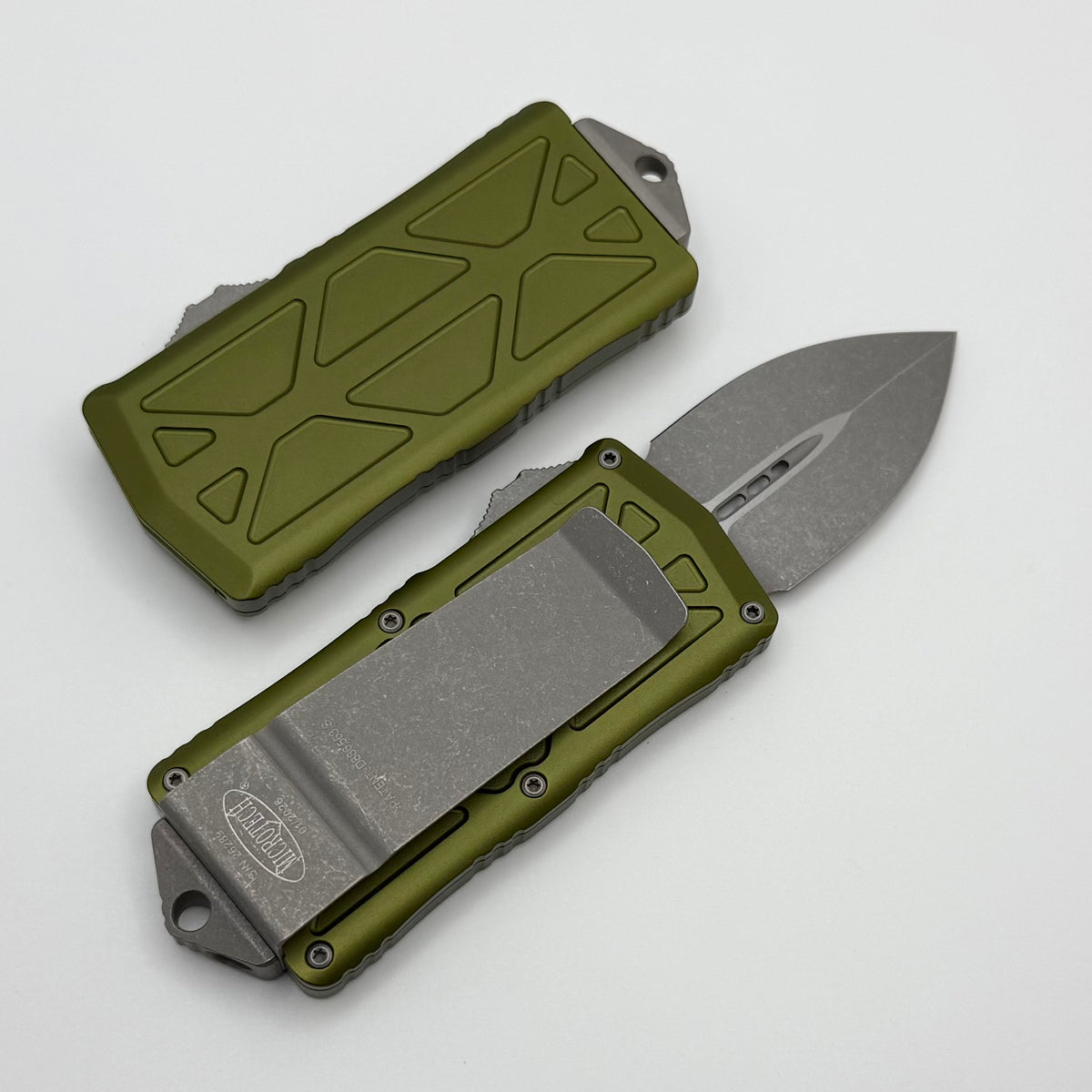 Microtech Exocet OD Green Aluminum Handle w/ D/E Apocalyptic 157-10APO
